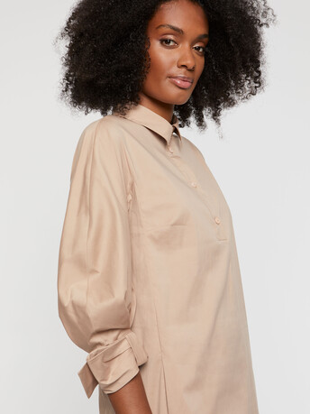 Robe courte à col tunisien en popeline de coton - Beige