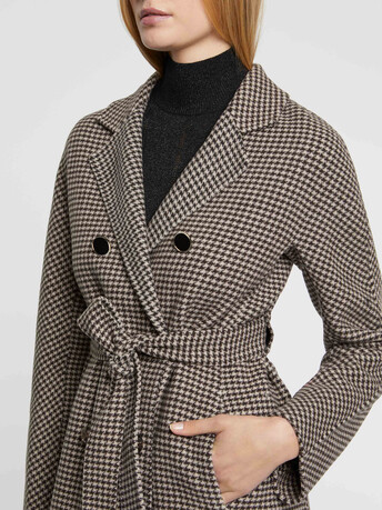 Manteau long à motifs pied-de-poule en laine - Ecorce / grege