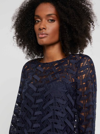 Robe courte droite en guipure - Marine