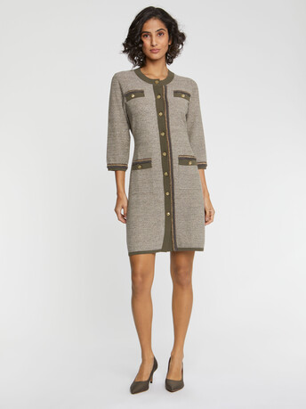 Short tweed dress with ornate button - Khaki