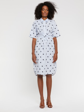 Robe brodée à col chemise en popeline de coton rayé - Ciel