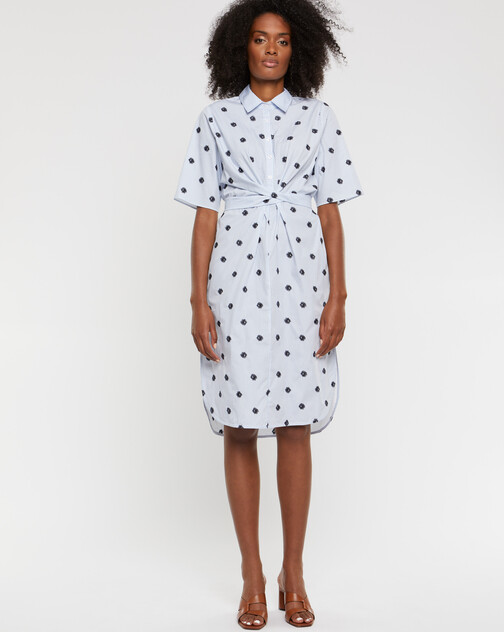 Robe brodée à col chemise en popeline de coton rayé