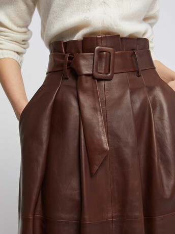 Jupe longue ceinturée en cuir d'agneau - Marron