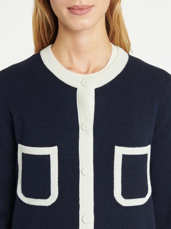 Cardigan long en laine et cachemire - Marine / blanc casse