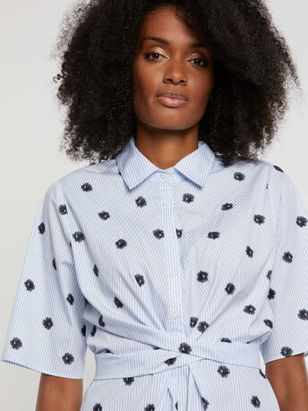 Robe brodée à col chemise en popeline de coton rayé - Ciel