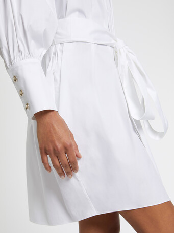 Short cotton-poplin dress with bows - White