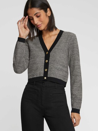 Cardigan à bouton bijou en tweed - Noir