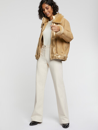 Shearling-trimmed leather jacket - Sand