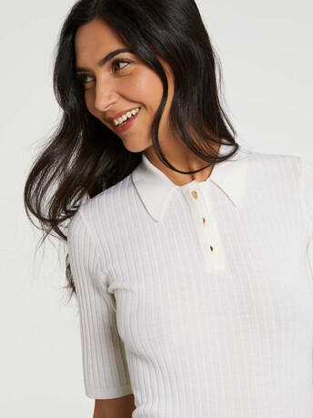 Pull polo en laine en maille côtelée - Blanc casse