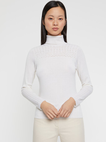 Pull col roulé en laine en maille côtelée - Blanc casse