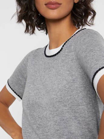 Pull manches courtes en laine et cachemire - Gris / blanc casse