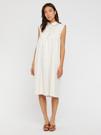 Cotton-satin dress with shirt collar - Ivory