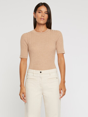 Pull côtelé en laine mérinos - Camel
