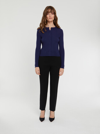 Cardigan côtelé en laine mérinos - Marine