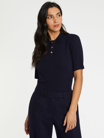 Pull polo en laine en maille côtelée - Marine