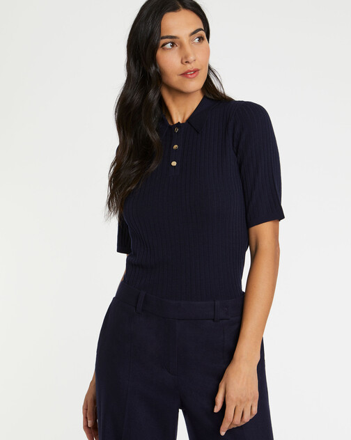 Pull polo en laine en maille côtelée