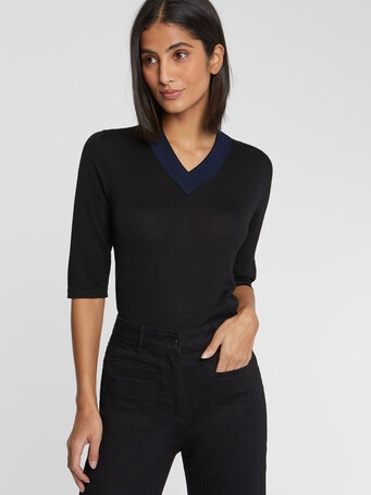 Short-sleeve silk and cotton sweater - Black / aqua