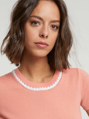 Pull en merinos - Eau de rose / blanc casse