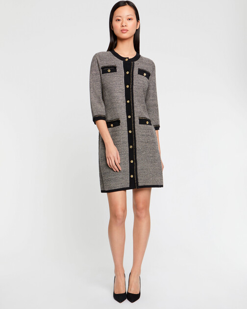 Short tweed dress with ornate button