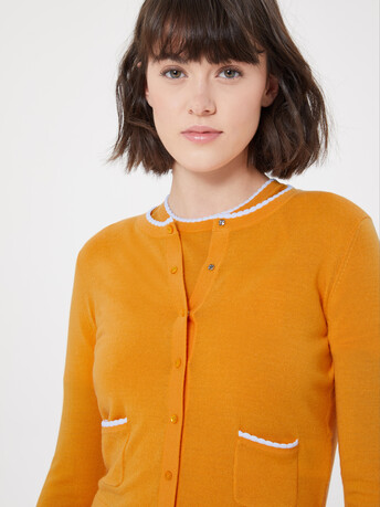 Cardigan long en mérinos - Curcuma/blanc casse