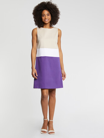 Robe courte trapèze tricolore en gabardine de coton - Mastic / cassis