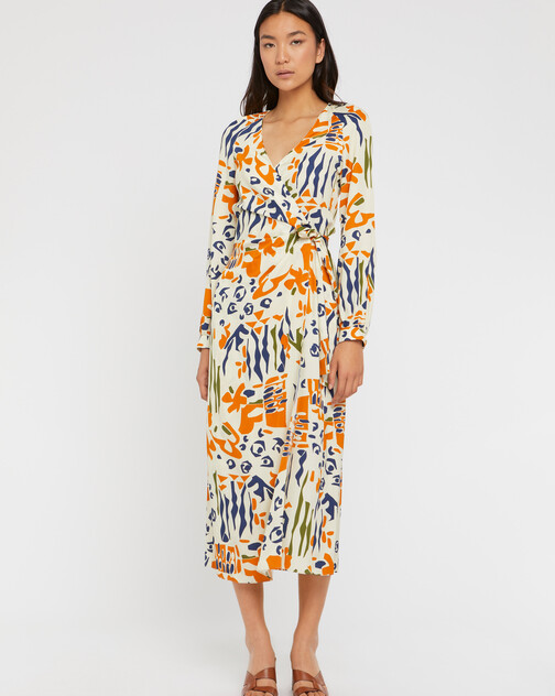 Robe longue portefeuille en viscose imprimé ethnique