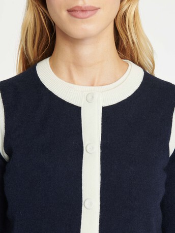 Cardigan court en laine et cachemire - Marine / blanc casse