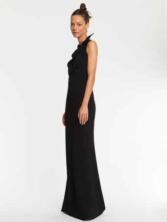 Satin-back crepe evening gown with bow - Noir