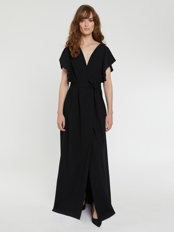 Robe longue à volants en crêpe envers satin - Noir