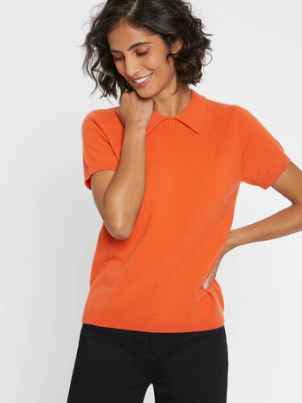 Cashmere short-sleeve polo sweater - Tangerine