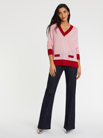 Merino-wool V-neck sweater - Candy pink/ hibiscus