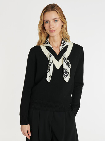 Pull en mérinos avec foulard amovible - Noir / blanc casse