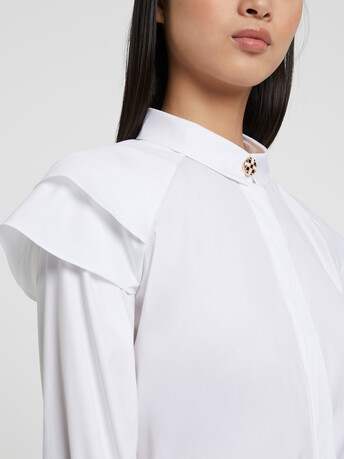 Cotton-poplin blouse with ruffled shoulders - White